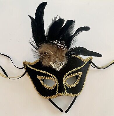 Venetian Masquerade Mask Black & Gold Trim Feather Mardi Gras Ball Party Costume