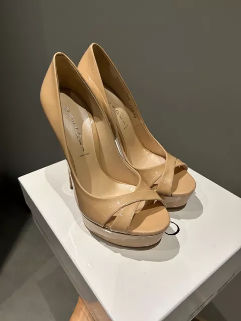 Used Once Casadei Patent Leather Platform Pumps Stiletto High Heels Nude Blush