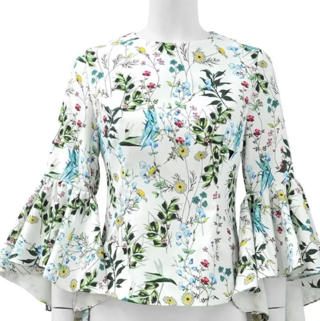 Gracia Women's Shirt Blouse Top White Floral Flowers Bell Ruffle Sleeves Large