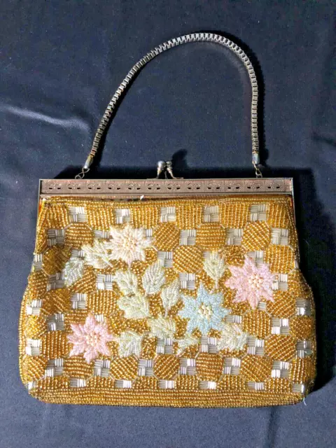 Vintage Gold Beaded Bag with Beaded Pastel Flowers, Lined, 9.5 x 7.5