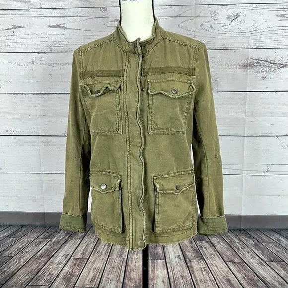 Free People Womens Military Rumpled Jacket size Small Green Pockets Zip Distress