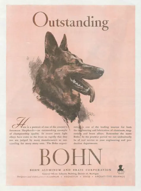 1944 WWII vintage print ad BOHN Aluminum Championship German Shepard dog