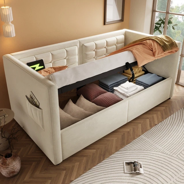 3FT SINGLE DAYBED Hydraulic Storage, Velvet Sofa Bed USB Charger ...