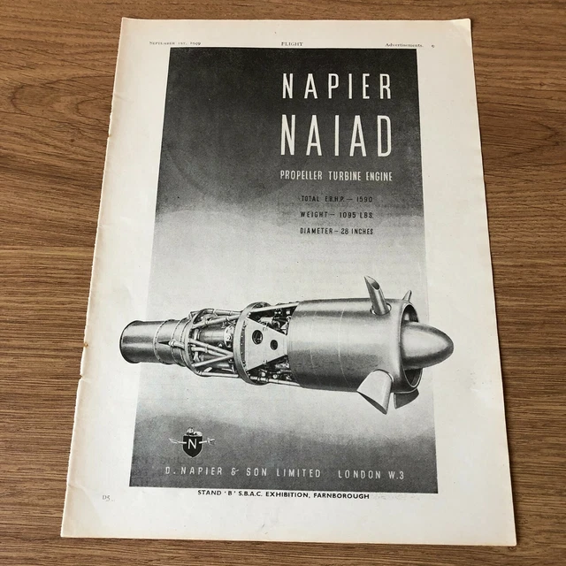 (STA23) Advert 11x8" Napier 'NAIAD' Propeller Turbine Engine, D. Napier & Son