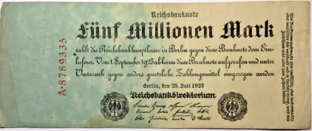 Deutsches Reich 5 Millionen Mark 1923  Papiergeld Banknoten Geldschein echt