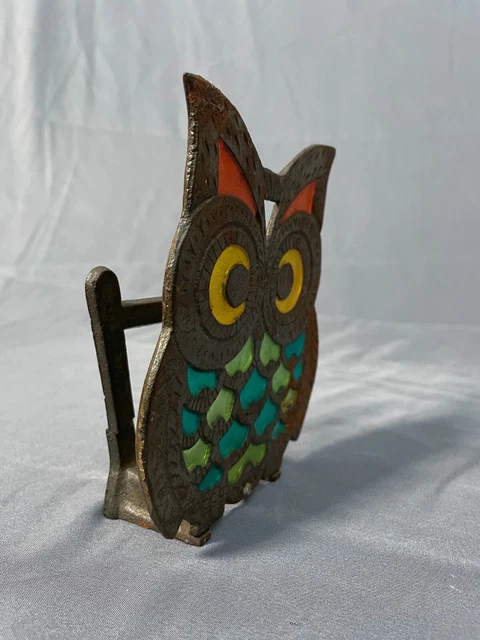 Vintage Cast Metal Owl Stained Glass Napkin Holder, Kitsch 1970s