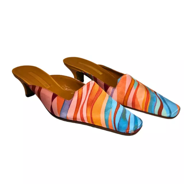 Enzo Angiolini 7.5 'Sakari' Slide Mule Kitten Heels Blue Multicolor Square Toe