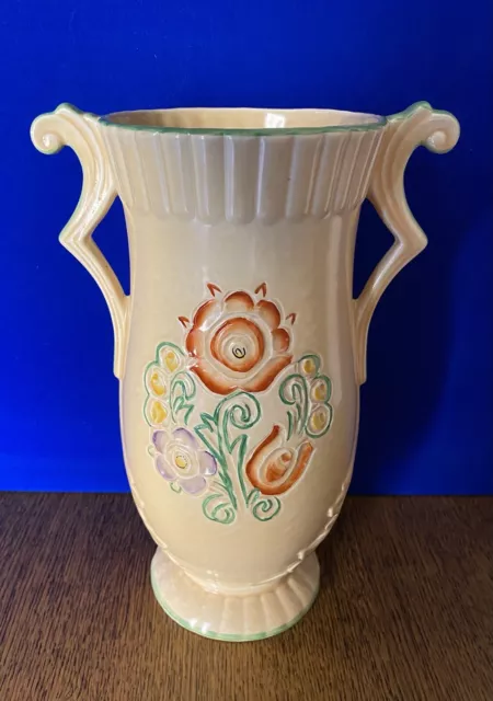 Vintage Large Crown Devon Vase, Cream With Raised Floral Pattern 2