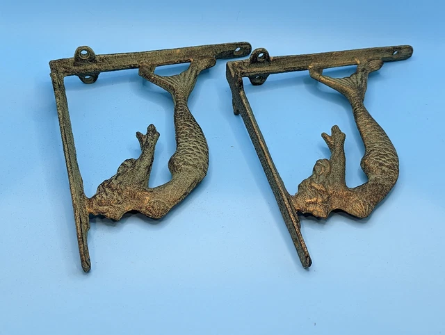 2 Cast Iron NAUTICAL FLYING MERMAID Brackets Garden Braces Shelf Bracket