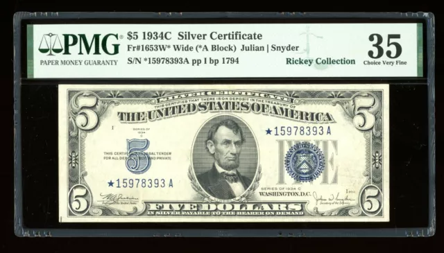 DBR $5 1934-C Silver STAR Fr. 1653W* Wide PMG 35 Serial *15978393A