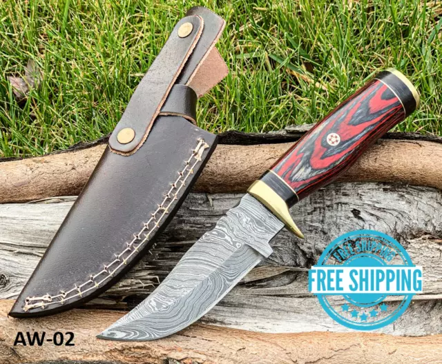 CUSTOM HAND FORGED DAMASCUS Steel Hunting Knife W/ Red Wood & Brass Guard Handle