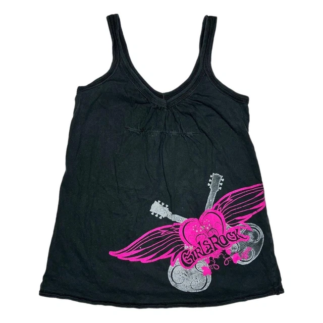 Hannah Montana Girls Rock Heart Wings Babydoll Tank Top Sleeveless Black Size XS
