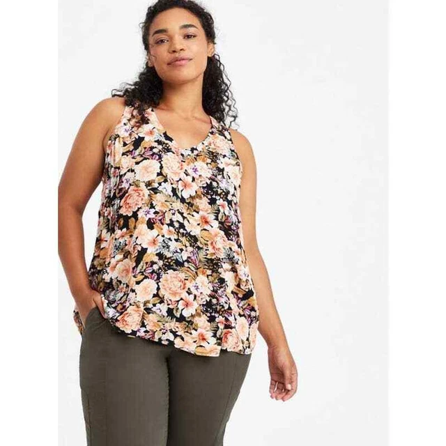 Torrid Black & Peach Floral Crinkle Gauze V-Neck Crop Tank Top - Size 2 (2X)