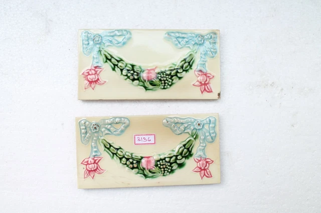 2 Pcs Antique Floral Necklace High Embossed Majolica Ceramic Tiles Japan NH3136