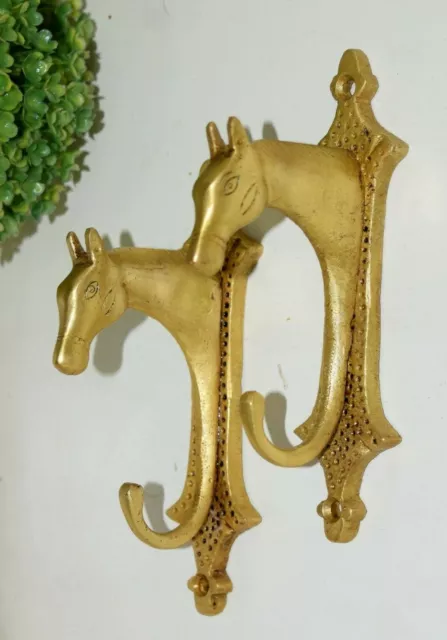 Brass Pony Wall Hook Pair Of Hooks Mare Animal Head Corner Handmade Decor EK86