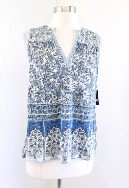 NWT Lucky Brand Blue Ivory Floral Print Smocked Knit Tank Top Blouse Size XS