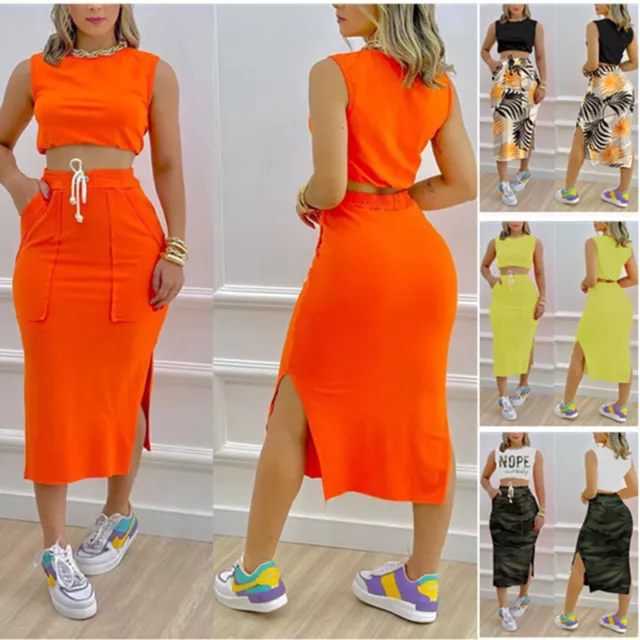 Women Two Piece Set Crop Top Split Long Skirt Tops T-shirt Outfits Suits Solid