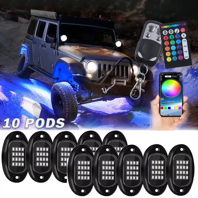 10Pod RGB LED Rock Light Multicolor Chasing Underglow Music Lighting For Jeep JK