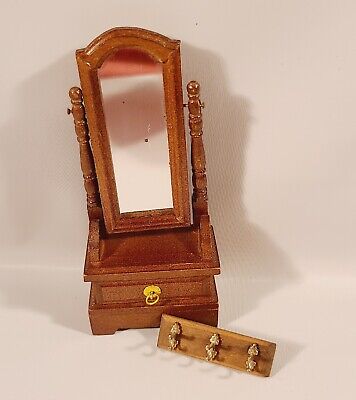 Vtg Dollhouse Miniature Full Size Mirror w/ Drawer And Coat Wall Hooks Wooden