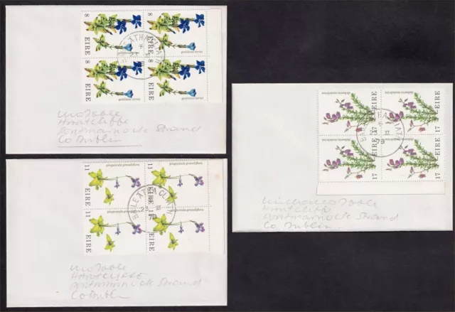 Ireland, 1978 Flowers Blocks of 4 on 3 Covers. DUBLIN CDS Cancel