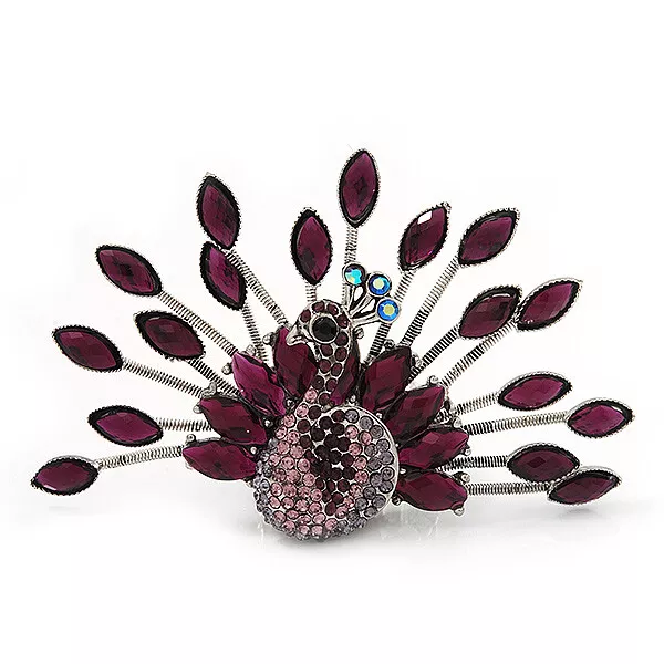 Stunning Deep Purple Swarovski Crystal 'Peacock' Flex Ring In Silver Metal -