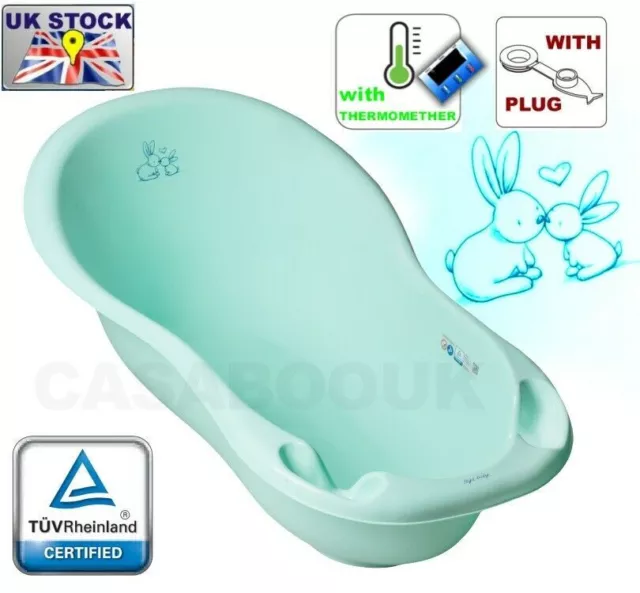 Large 102cm Baby Bath Baby Tub with thermomether and drain Mint Bunny-certified