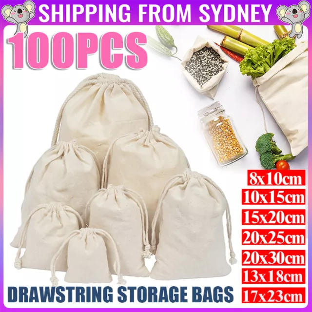 Bulk 100pcs Drawstring Storage Bags Calico Bags Linen Cotton Tote Gift Bags AU