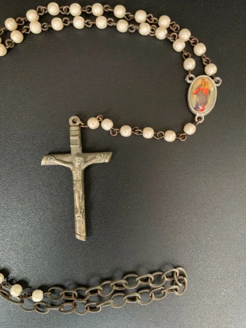 † Rosary Antique Italian Beads Crystal Pearl, Crucifix Silver Cross Charm 19th † 2