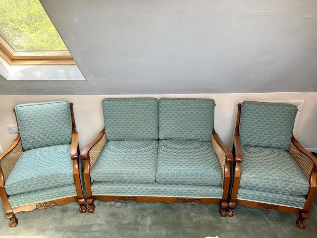 Stunning Vintage Antique Art Deco Cane Bergere Three Piece Suite Sofa Armchairs