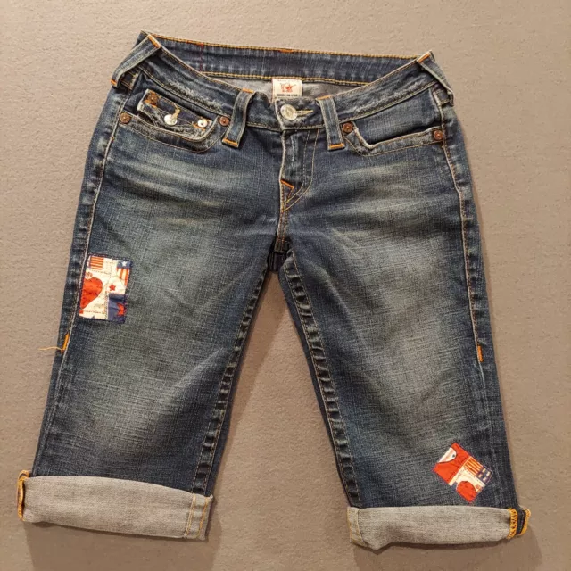 True Religion Capri Jeans Sophie Patchwork Medium Wash Thick Stitching USA B419