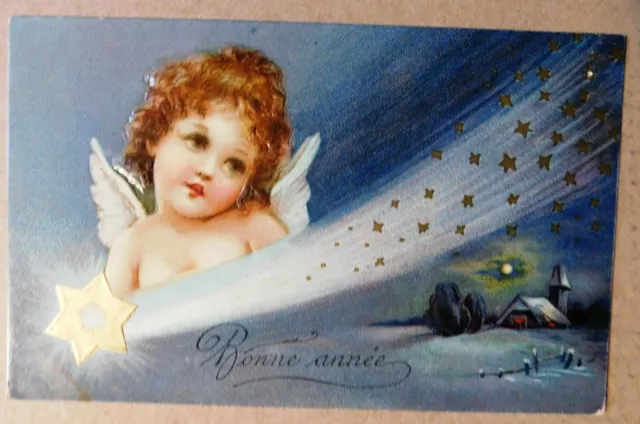 Carte postale Bonne Année PETITE ANGE et ETOILE FILANTE. Carte gaufrée relief.