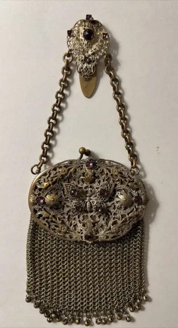 Antique Victorian/Edwardian Chatelaine mesh purse mirror amethyst filigree
