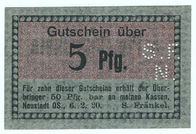 🔸NEUSTADT in Oberschlesien / PRUDNIK: "S. Fränkel", 5 Pfg. NOTGELD