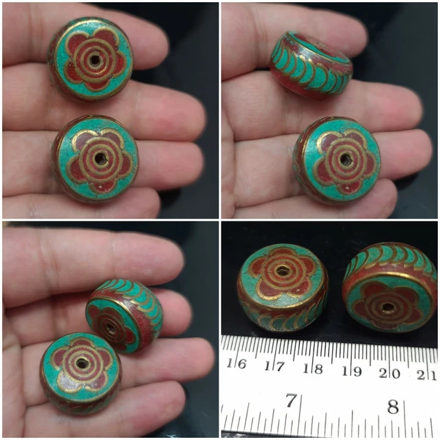 Nepalese Tibetan Handmade 2 Huge Brass Beads  Turquoise Coral Inlay Tibet Nepal