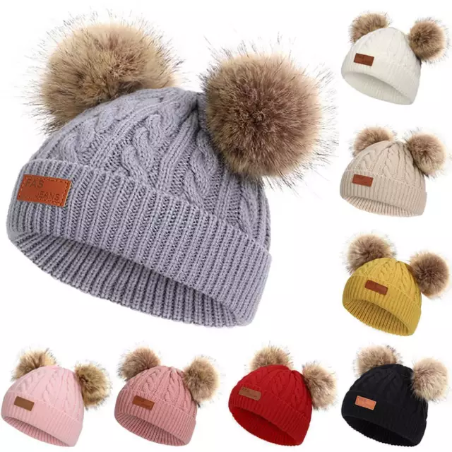 Kids Child Baby Boys Girls Beanie Cap Warm Winter Double Pom Bobble Knitted Hat