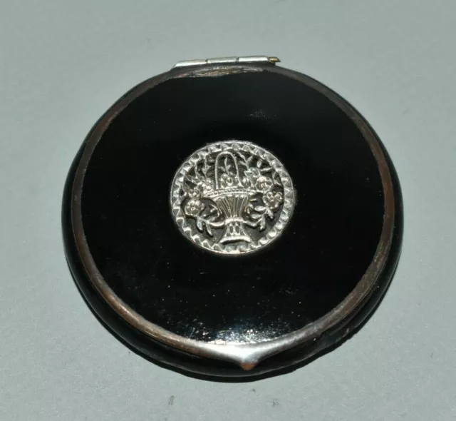 Antike alte kleine Puderdose Silber ? Emaille emailliert Spiegel selten Fach #A3