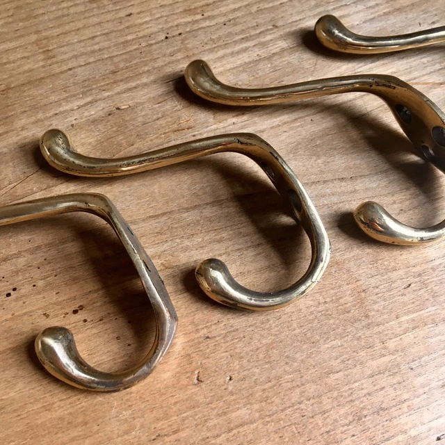 Set Of 4 Antique Brass Double Coat Hooks Victorian Vintage Reclaimed Old 6