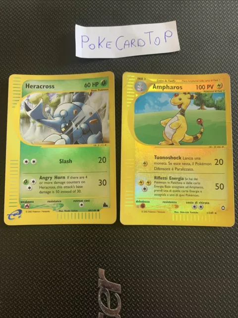 Pokemon Card Heracross 64/144 & Ampharos 1/147-Skyridge-Eng&ita-Holo Reverse-Exc