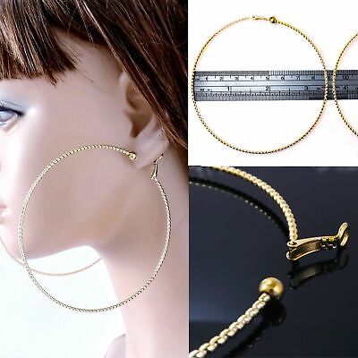 #C100 Non-Pierced Clip On 3.5” Circle Hoop Big Textured Gold Plated Earrings