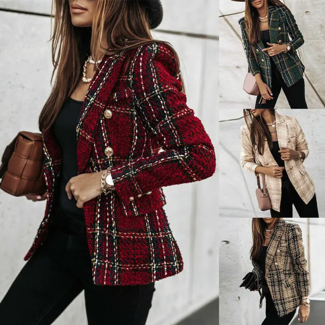 Womens Long Sleeve Blazer Double Breasted Fit Plaid Coat Suit Casual Slim Jacket