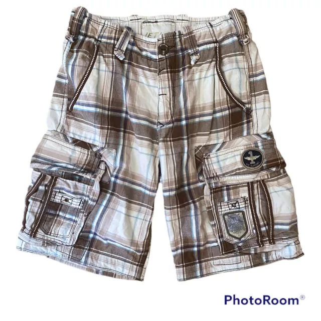 Jet Lag Men's Cargo Shorts 30 Brown Beige Blue Plaid Pockets Organic Sanforized