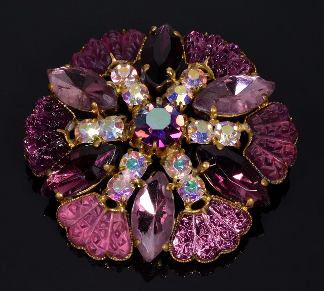 Collier Vintage Années 50/60 - 23 Perles En Pâte De Verre Violette Striée, Style Rétro
