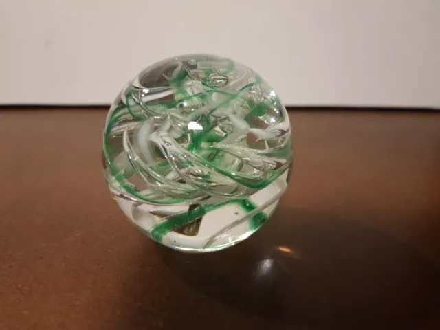 Langham Glass Paperweight  Green And White Swirl Ribbons England