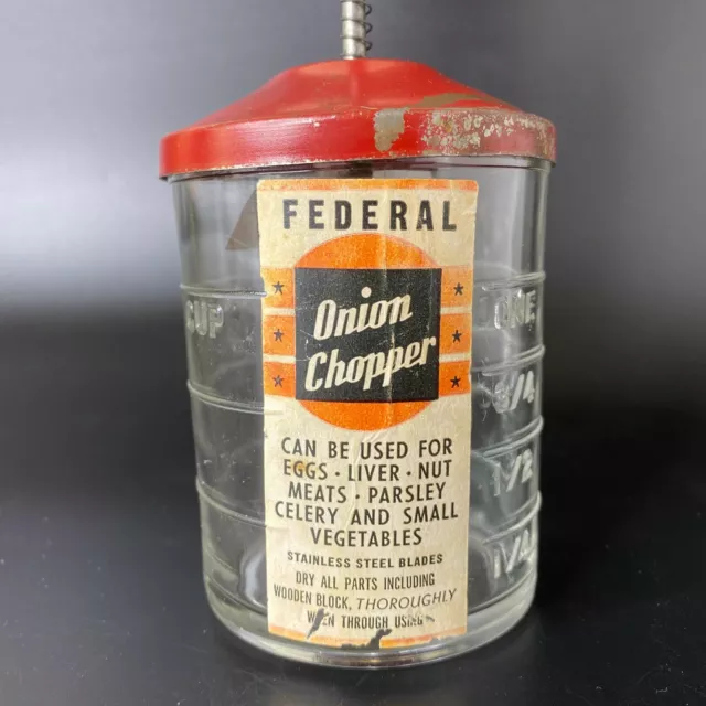 Vintage Hazel Atlas Federal Onion Chopper Label Clear Glass Measuring Cup