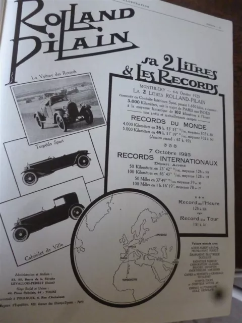 ROLLAND PILAIN sa 2 litres and world records pub paper ILLUSTRATION 1925
