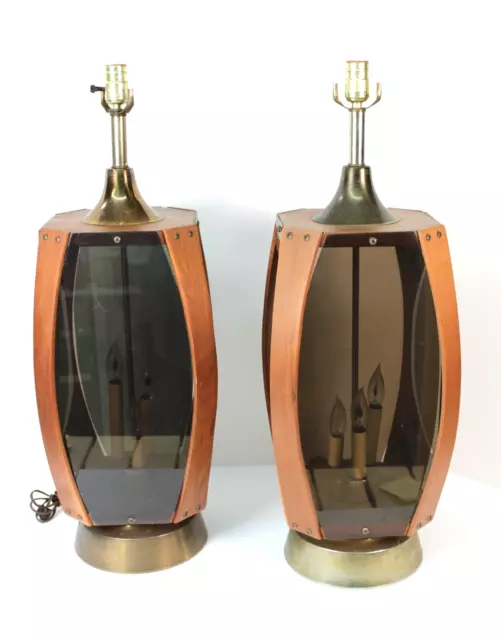 Pair Mid Century Smoke Plexiglass Walnut Table Lamps