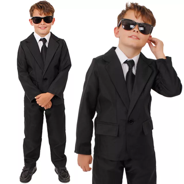 Childs Secret Agent Costume Tv Film Fbi Black Suit Glasses Boys Fancy Dress