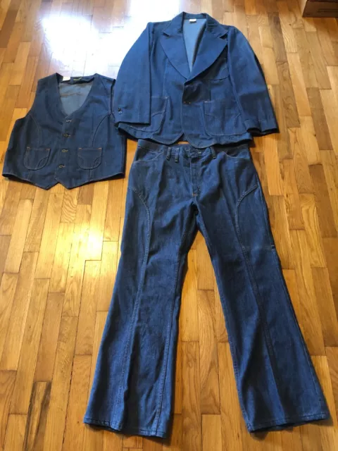 Rare Mens Vintage Wrangler Denim 3 Piece Suit Jacket Vest Bell Bottom Jeans
