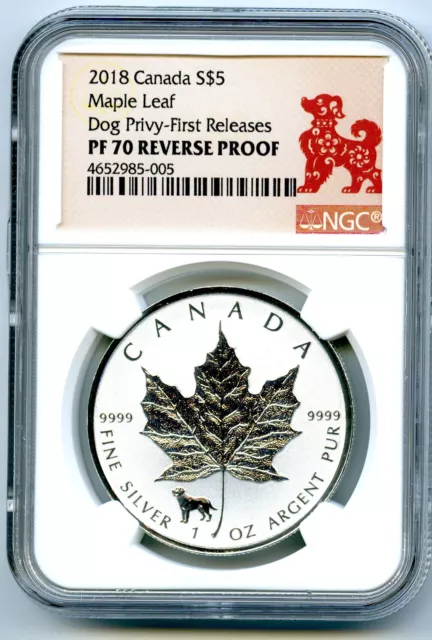 2018 $5 Canada 1 Oz Silver Maple Leaf Dog Privy Ngc Pf70 Fr Reverse Proof !!