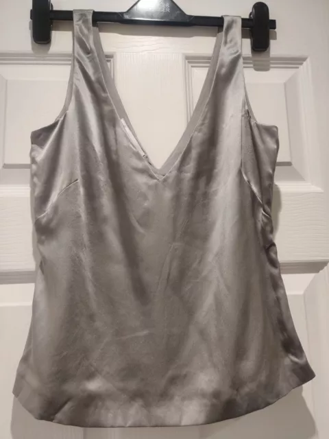 Jaeger pure Silk Top Blouse Grey Silver Uk 8 Bust 34" Lined Side Zip